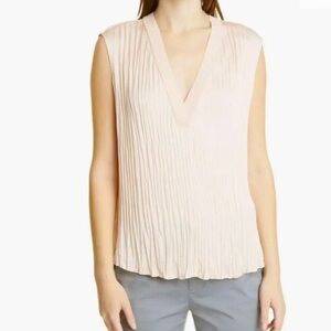 VINCE. Pleated Blouse Women’s S/P Sleeveless Silk Top V neck Dusty Rose NWT $295